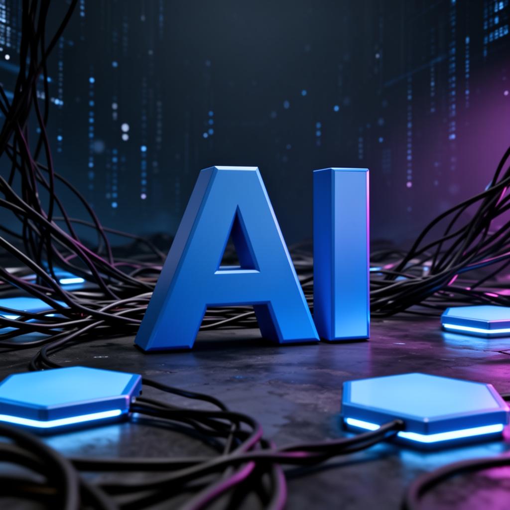 3D AI letters in a futuristic neural landscape
